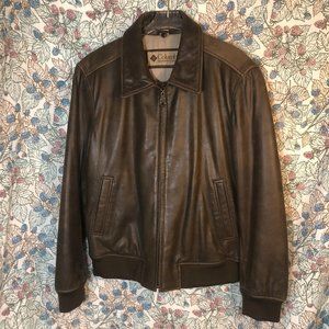 Columbia Leather Bomber Jacket Mens Large Brown Detachable faux fur collar